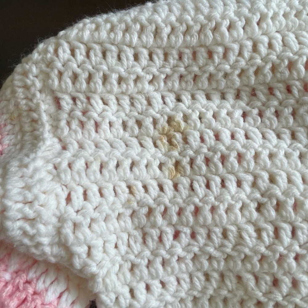 Handmade Pink‎ White Heart Crochet Sweater Striped Balloon Sleeve Oversized Boho - Picture 6 of 6